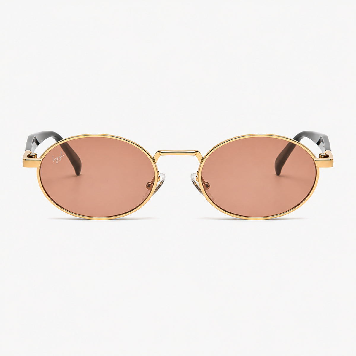 Oval sunglasses with a gold metal frame and rose-tinted lenses, shown against a plain white background.