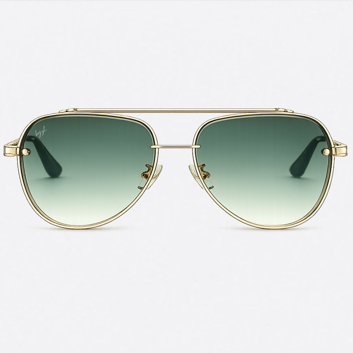 A pair of aviator sunglasses with a gold-tone metal frame and green gradient lenses, shown against a plain light gray background.