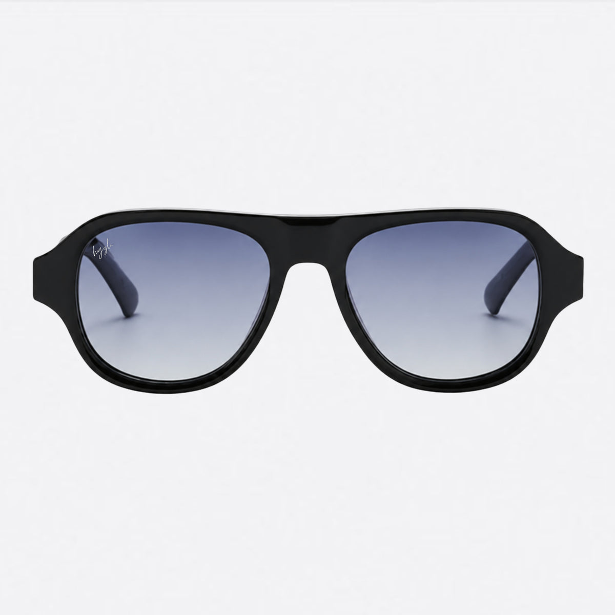 A pair of modern square sunglasses with a thick black frame and gradient blue-gray lenses, shown against a plain light gray background.