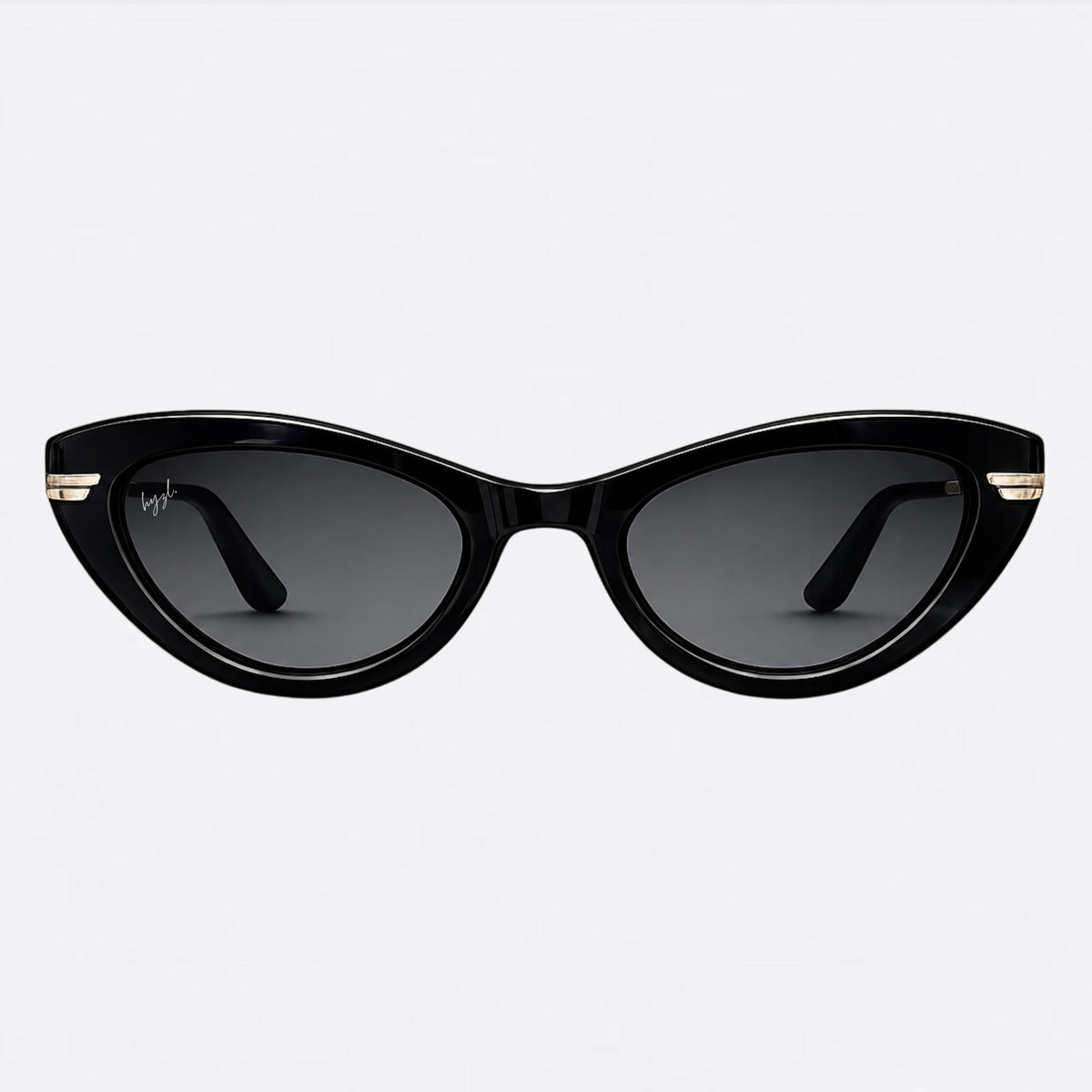 Black cat-eye sunglasses with dark gray lenses and small gold metal accents on the temples, shown against a plain light gray background.