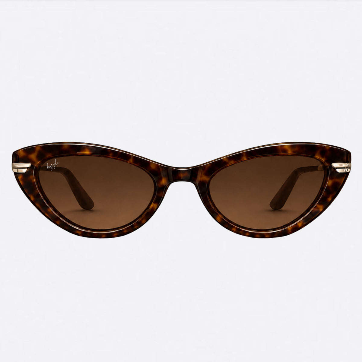 Cats-eye sunglasses with a brown tortoiseshell frame and brown tinted lenses, featuring small gold metal accents on the temples, shown against a plain light gray background.