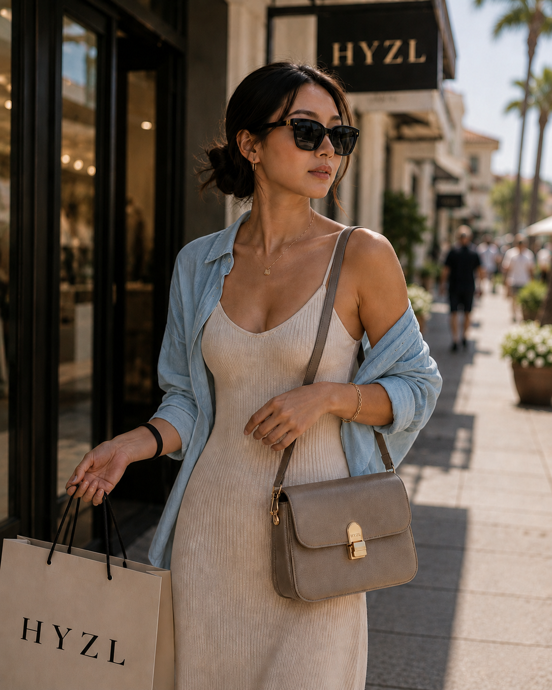 A woman stands on a sunny outdoor shopping street holding a HYZL paper shopping bag. She is wearing a light blue button-up shirt draped off her shoulders, a beige ribbed slip dress, and a taupe-gray crossbody bag with gold hardware.