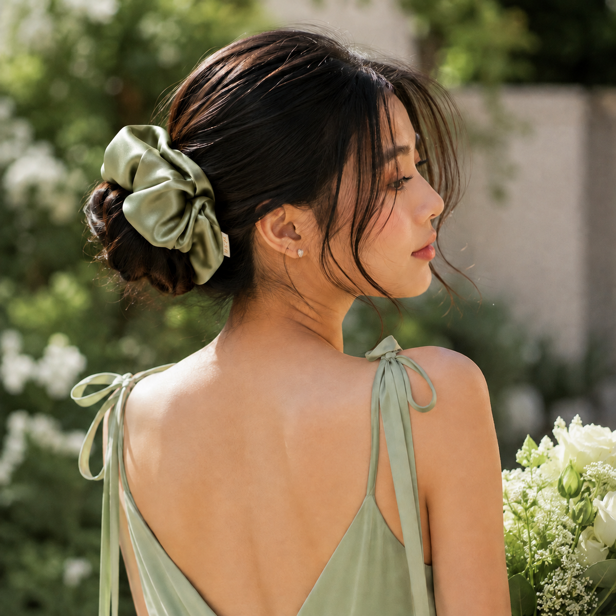 A woman with her hair in a low bun wearing a sage green satin scrunchie, shown from the back and side. She is wearing a matching sage green spaghetti strap dress and holding a bouquet of white flowers against a soft-focus garden background.