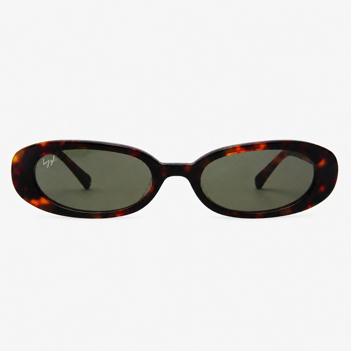 Oval sunglasses with a dark brown and amber tortoiseshell frame and dark gray lenses, shown against a plain white background.