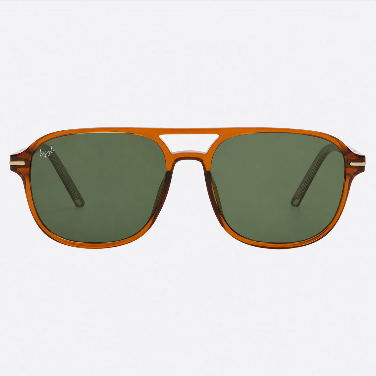 A pair of aviator-style sunglasses with a translucent amber-brown acetate frame and dark green lenses, shown against a plain light gray background.