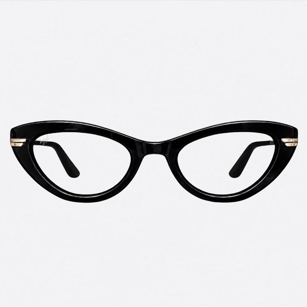 Black cat-eye eyeglasses with gold metal accents on the temples, shown against a plain light gray background.