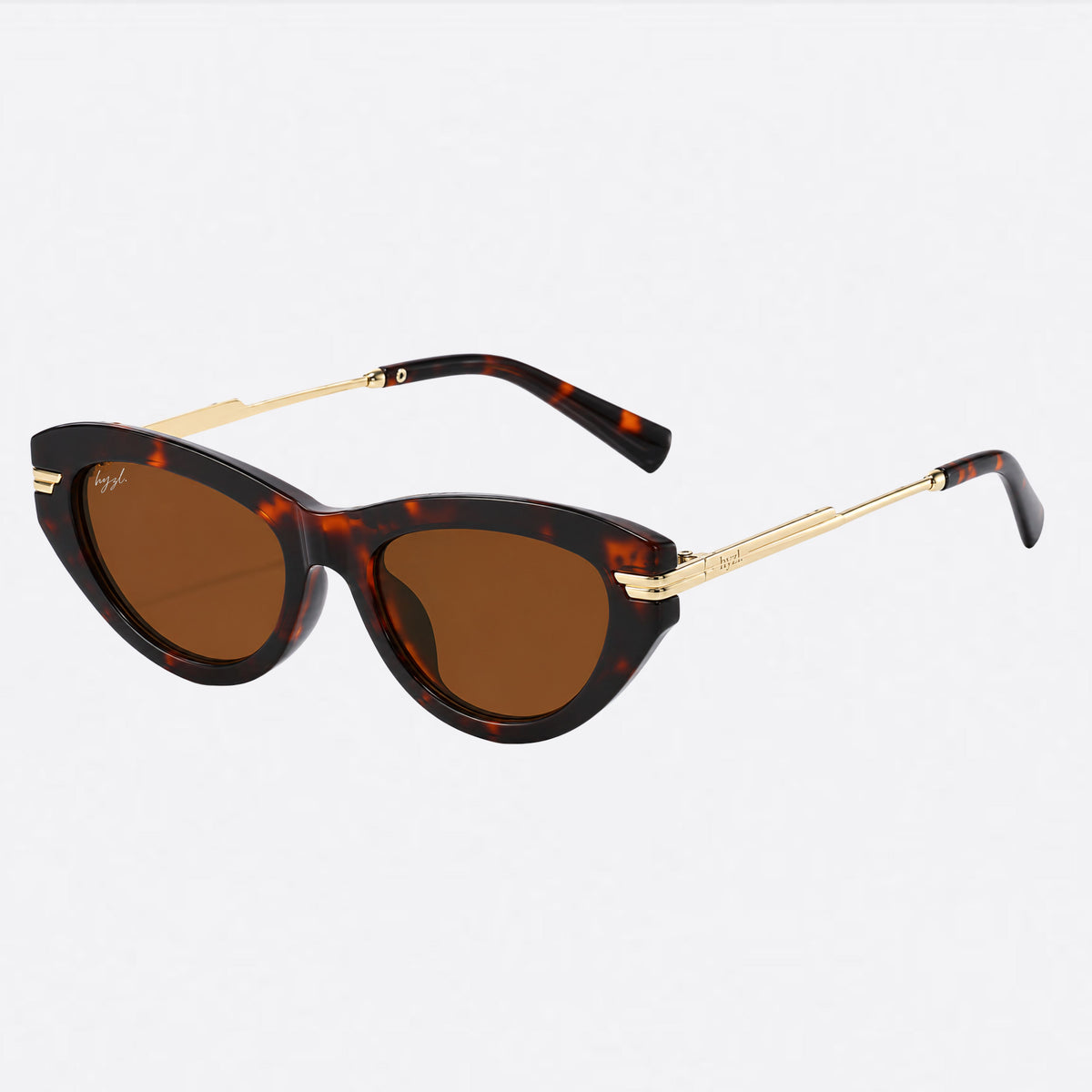 Ray-Ban cat-eye sunglasses with a dark tortoiseshell frame, brown lenses, and gold metal temples, shown on a light gray background.