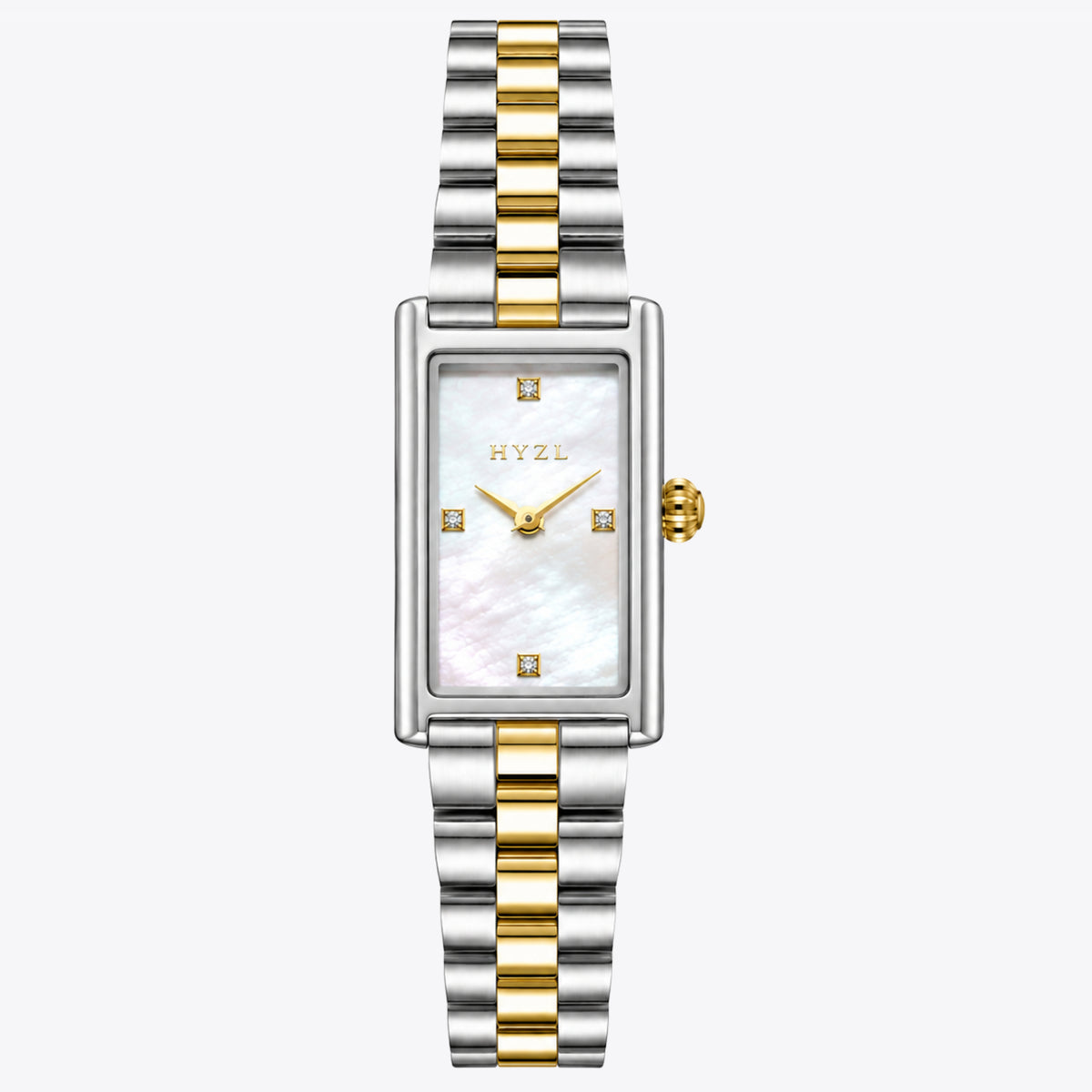 A women's rectangular stainless steel watch with a silver and gold two-tone link bracelet, a white mother-of-pearl dial, and gold-tone hands and crown, shown against a light gray background