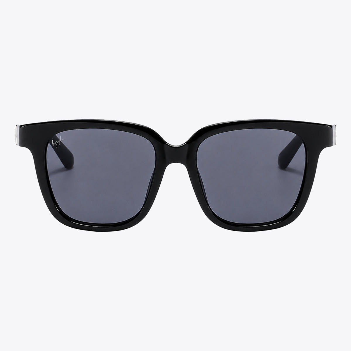 Black square sunglasses with dark gray lenses, shown from the front on a light gray background.