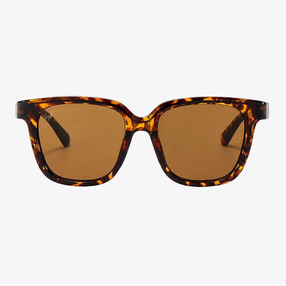 Tortoiseshell sunglasses with brown lenses, shown from the front against a light gray background.