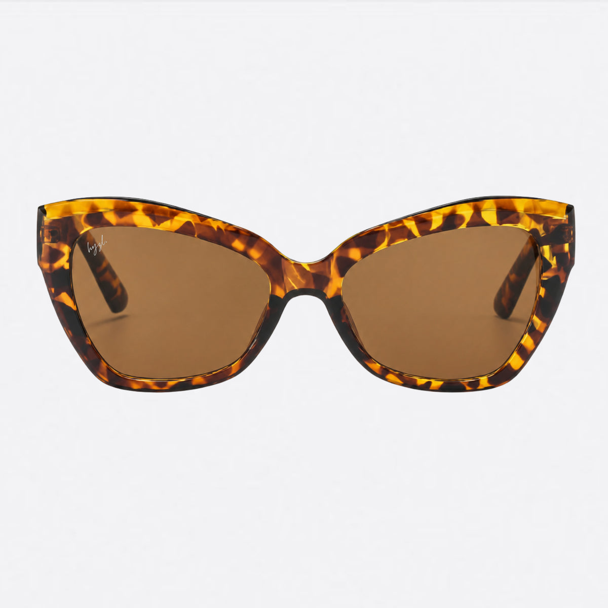 Cat-eye sunglasses with a brown and black tortoiseshell patterned frame and brown lenses, shown against a plain light gray background.
